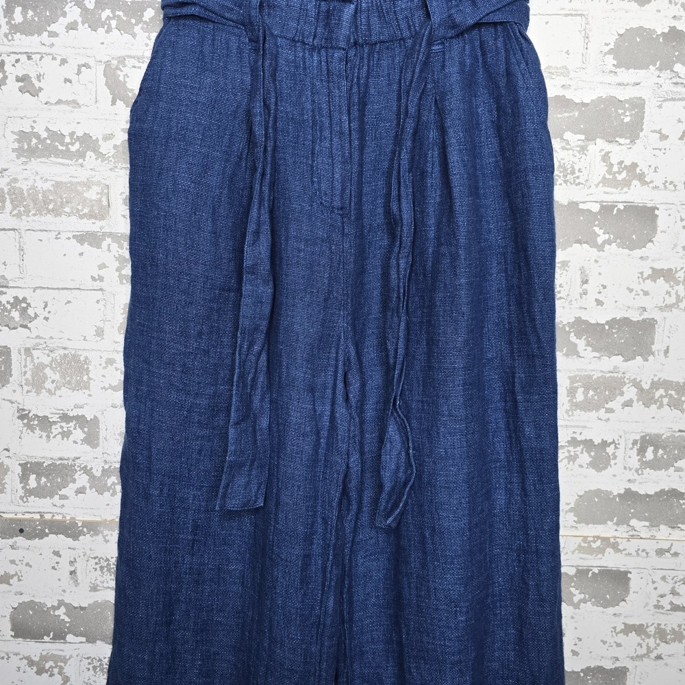 Faherty Pants Womens M 100% Linen Blue Garbage Bag Waist Palazzo Wide Leg Boho - Picture 3 of 12